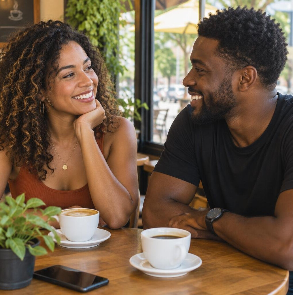 Two friends talking and smiling at a table