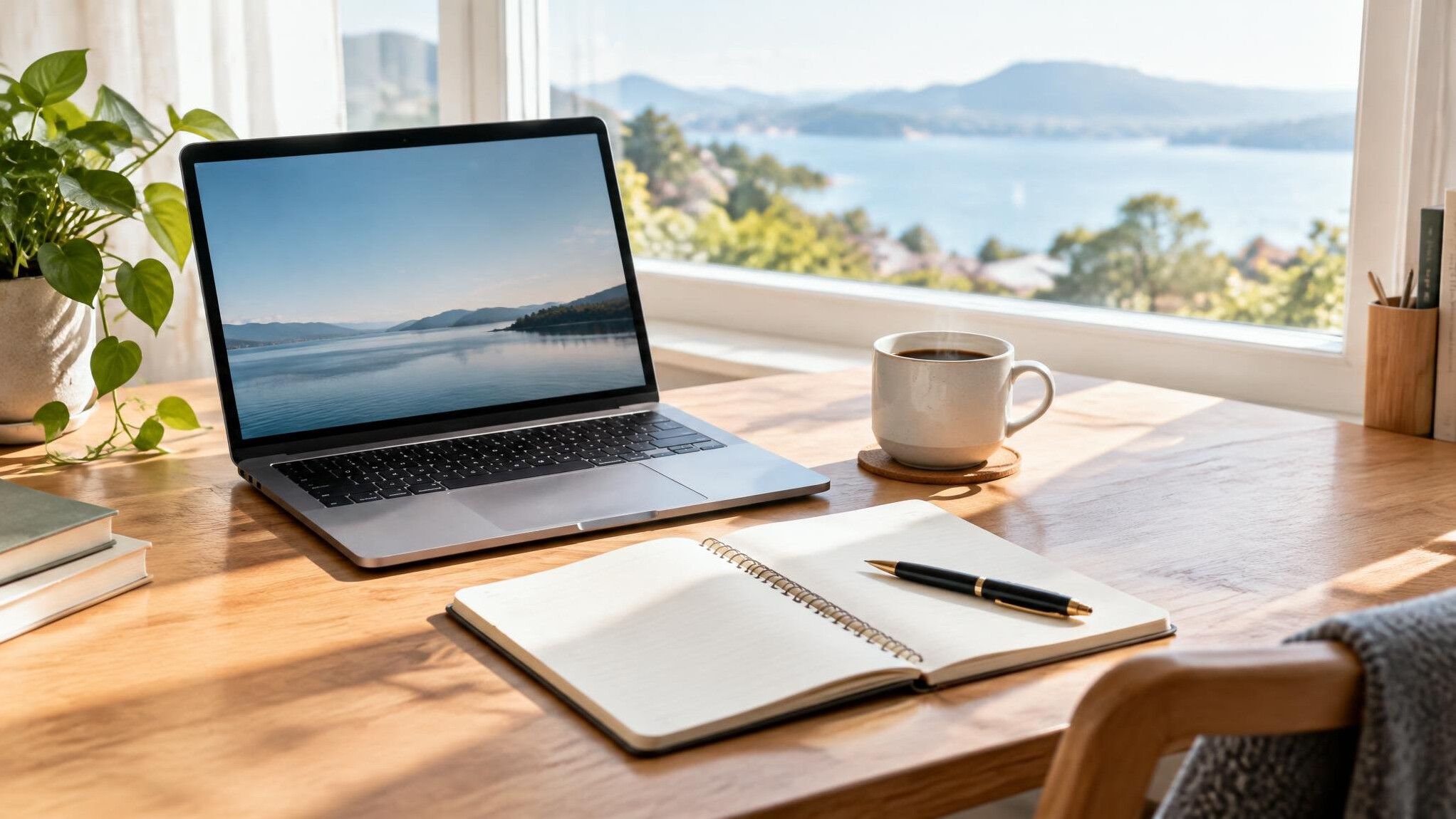 Laptop and notebook on a desk by a window