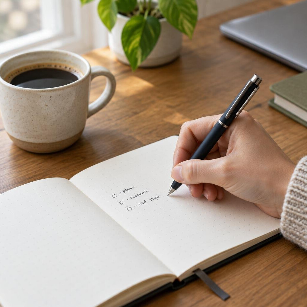 Hand writing notes in a notebook